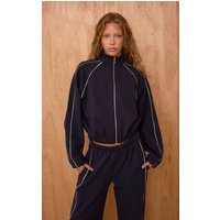 Navy Interlock Contrast Piping Bomber Sweatshirt