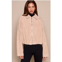 Bone Gathered Hem Zip Up Suede Jacket