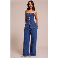 Petite Washed Blue Wide Leg Mid Rise Denim Jeans
