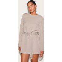 Grey Tailored Belt Detail Long Sleeve Shift Dress