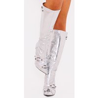 Silver Pu Metallic Buckle Detail High Heeled Knee Boots