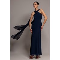 Cross Front Scarf Back Chiffon Mermaid Maxi Dress – Navy Blue by Goddiva